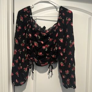 Wild Fable Black and Pink Puff Sleeve Ruched Blouse